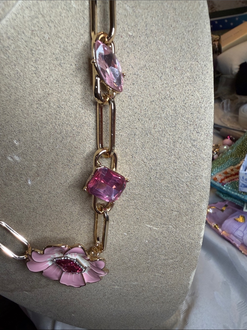 Gold Chain Pink Flower Pendant Necklace - Women's Jewelry - Picture 3 of 7